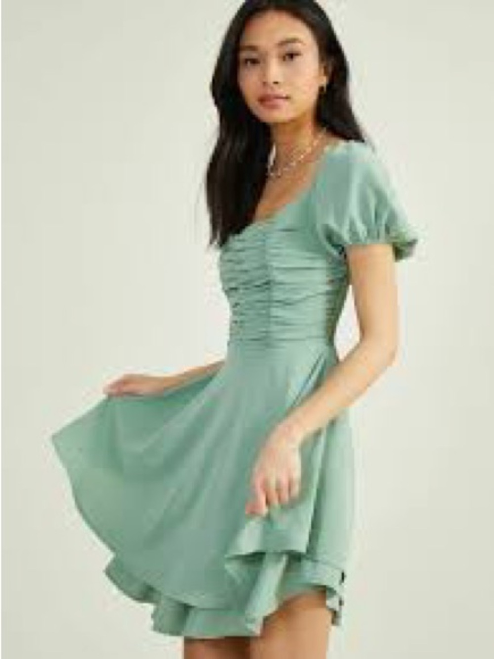 🪴 NEW ALTAR’D STATE Women’s Edwina Puff Sleeve Sage Mini Dress - Size L